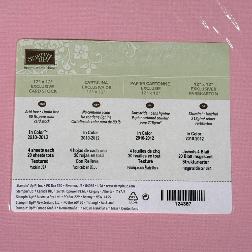 Stampin Up In Color 2010-2012 Textured Cardstock 12x12 20 Sheets 124387 NEW